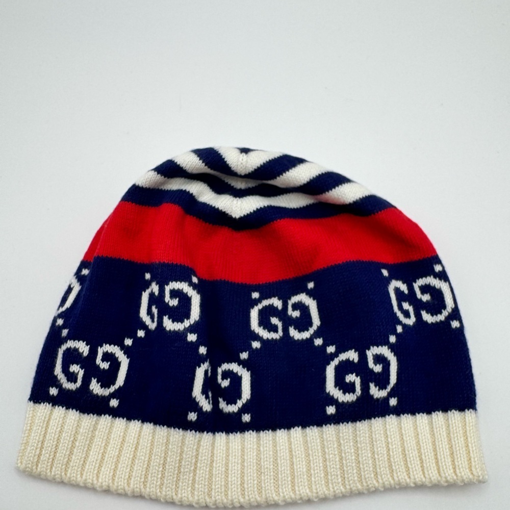 Gucci Cream Navy & Red GG Knit Beanie baby medium - Picture 2 of 4